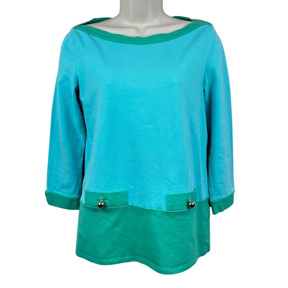 Kate Spade Knit Top Boatneck Color Block Turquoise Green Small Preppy Classic - Picture 1 of 11